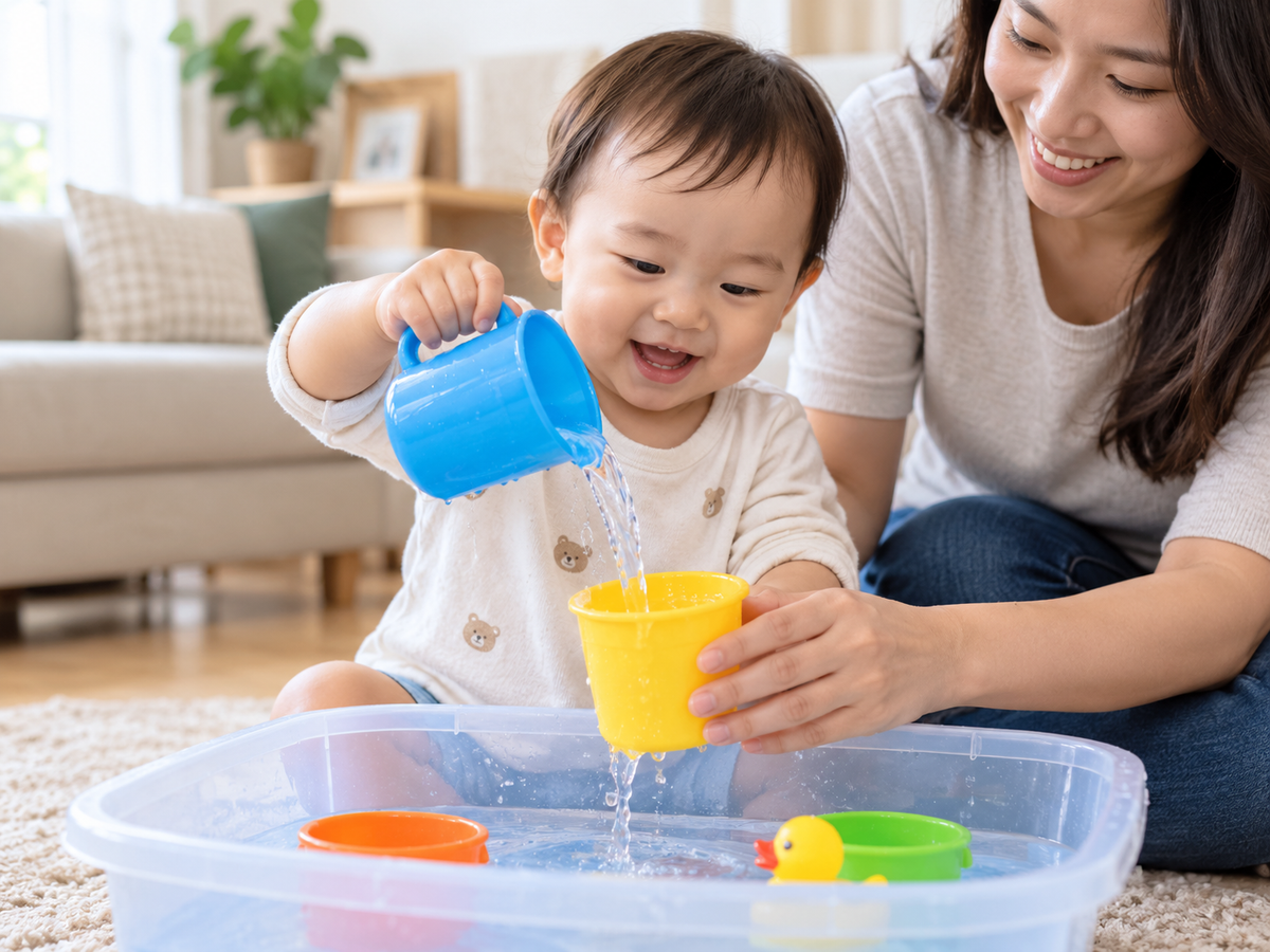 A baby pouring water from a blue cup into a yellow cup held by an adult, with a clear plastic water tray and small toy cups in a bright living room.