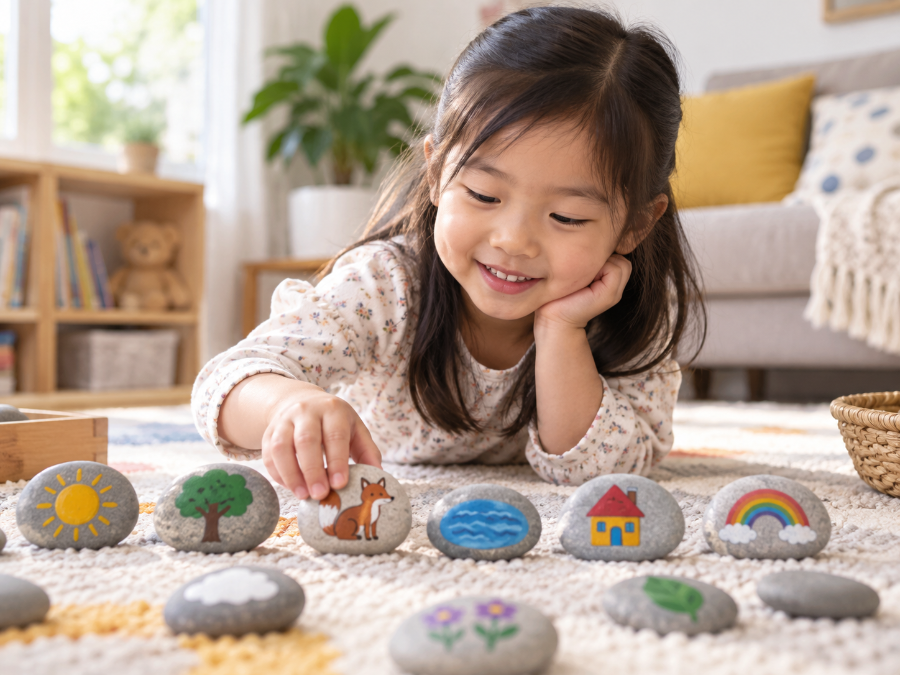 A young child smiling and reaching for painted smooth stones on a rug in a bright living room. The stones are decorated with simple illustrations like a sun, tree, fox, water, house, rainbow, and flowers.