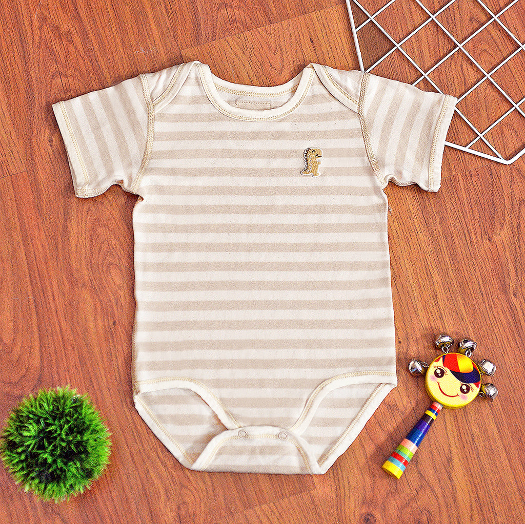 Organic Cotton Baby Short Sleeve Onesie Romper – GoodDino Series by FirstDino – LIGHT BROWN