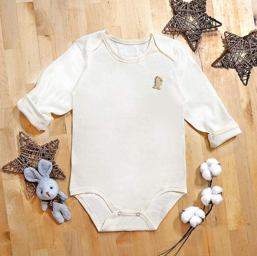 Organic Cotton Baby Long Sleeve Onesie Romper – GoodDino Series by FirstDino – PLAIN WHITE (CREAM)