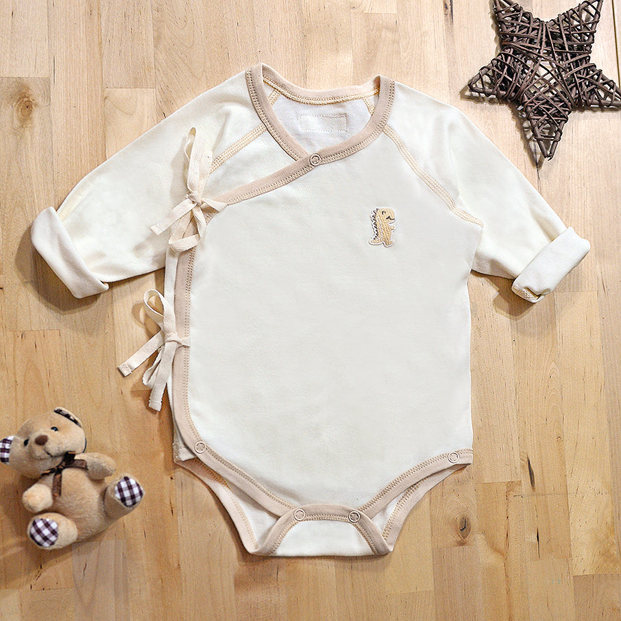 Organic Cotton Baby Kimono Long Sleeve Onesie Romper – GoodDino Series by FirstDino – LIGHT BROWN