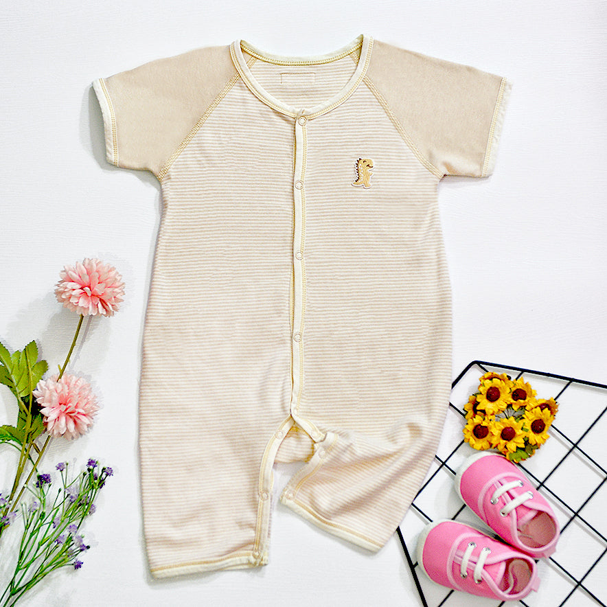PREMIUM Organic Cotton Baby Romper Short Sleeve & Pants – GoodDino Series by FirstDino – LIGHT BROWN & WHITE