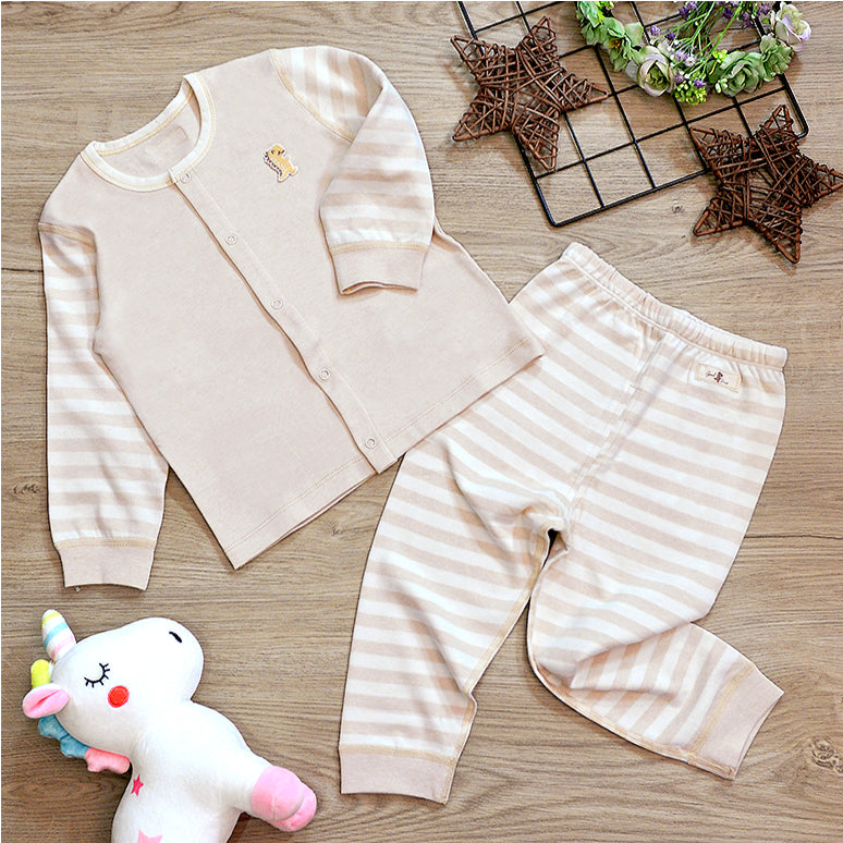 PREMIUM Organic Cotton Baby Long Sleeve Pyjamas – GoodDino Series by FirstDino – LIGHT BROWN