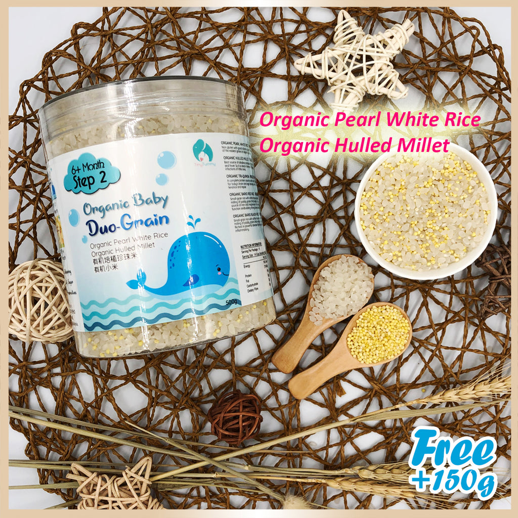 STEP 2: TINY TUMMY Premium Organic Duo-Grain - Organic Pearl White Rice + Organic Hulled Millets