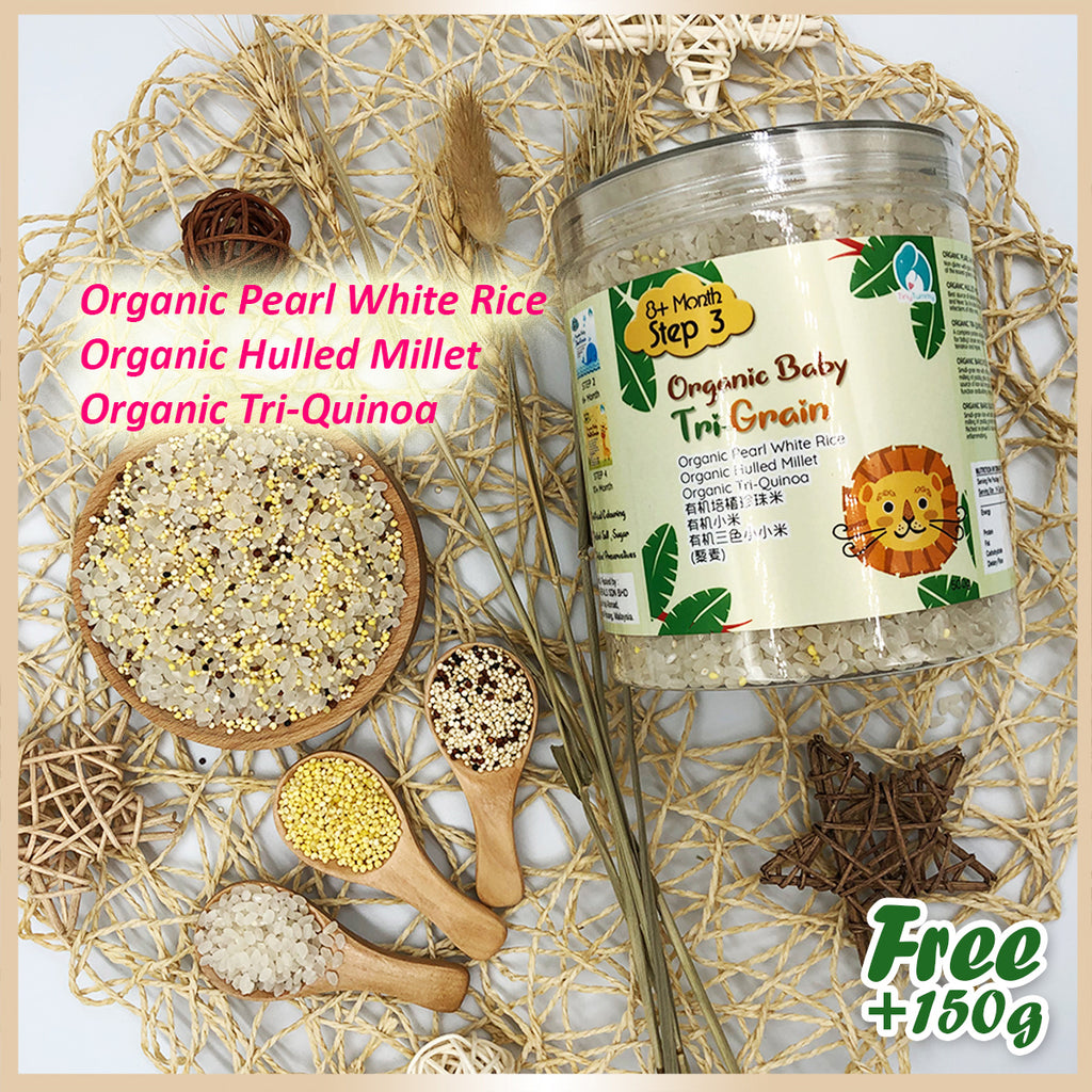 STEP 3: TINY TUMMY Premium Organic Tri-Grain - Organic Pearl White Rice + Hulled Millet + Tri-Quinoa